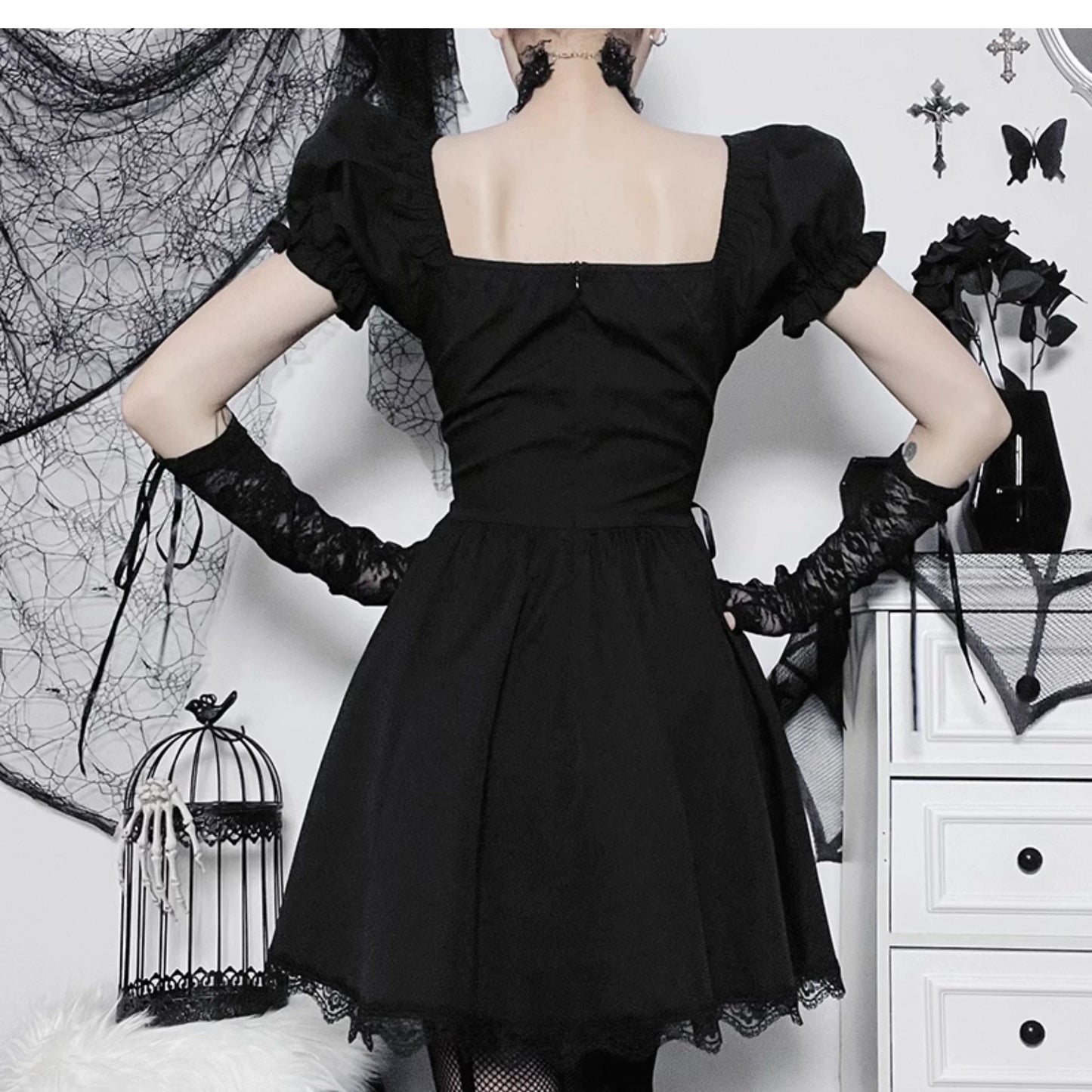 Wannathis Gothic Lolita Dress Set - Black Corset Mini Dress With Lace Bolero And Gloves