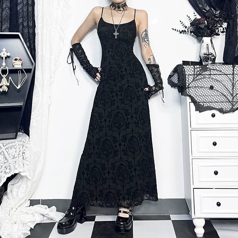 Wannathis Gothic Velvet Maxi Dress - Black Spaghetti Strap Burnout Gown With Lace-Up Arm Warmers