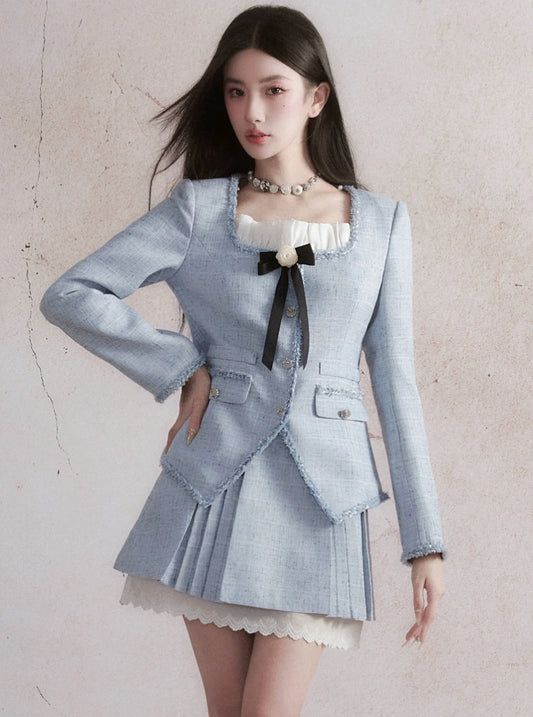 Pastel Blue Tweed Blazer and Pleated Skirt Set with Lace Trim