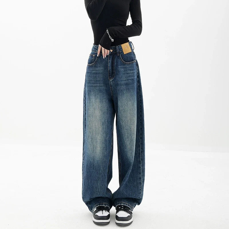 Blue Retro Loose Straight-Leg High-Waist Floor-Length Jeans