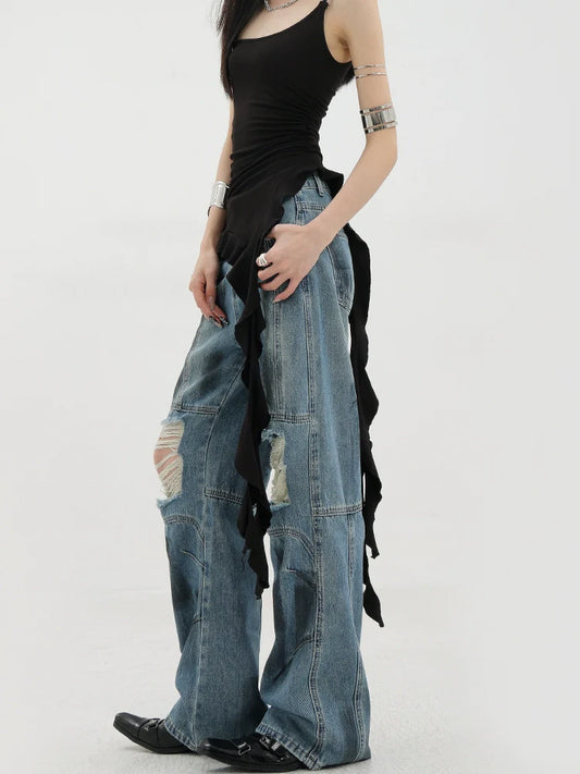 Vintage Distressed And Dirt-Dyed Patchwork Wide-Leg Jeans