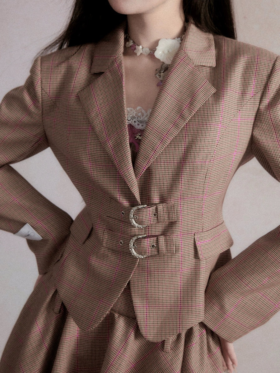 Taupe Professional Suit Set - Cropped Double Buckle Blazer with High-Low Flared Skirt