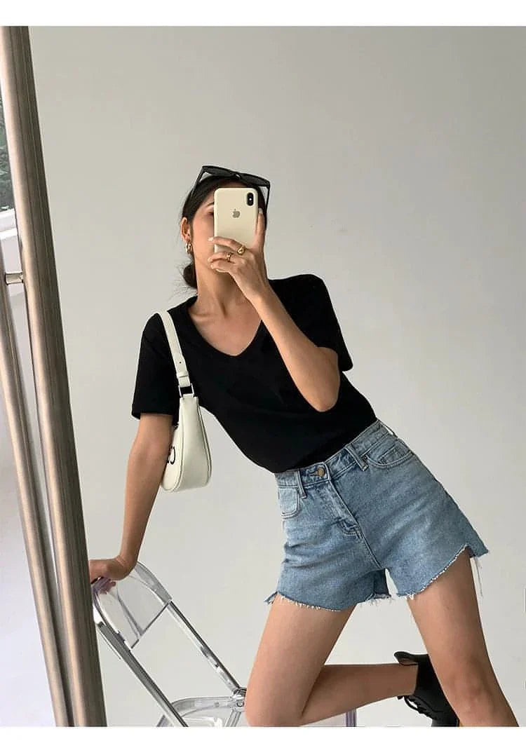 Summer Casual V-Neck White T-Shirt