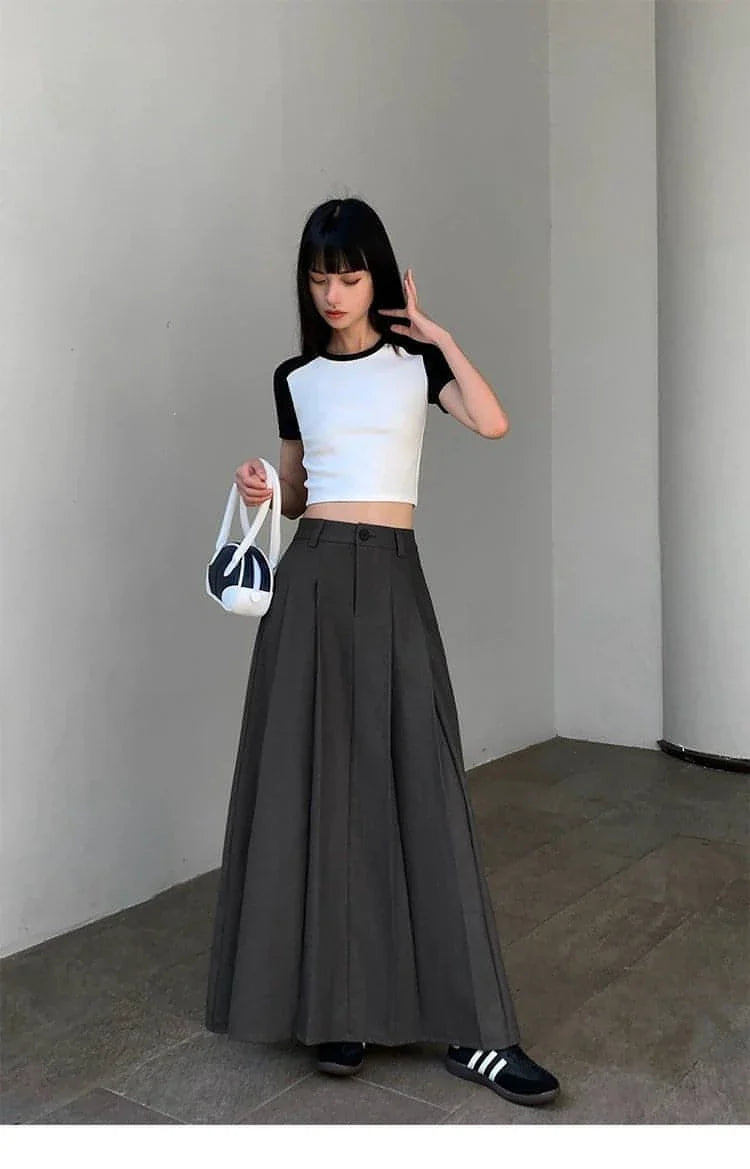 Summer Black High-Waisted Pleated Midi Skirt