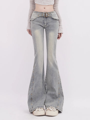 Retro Flared Jeans With Rivet Belt Detail