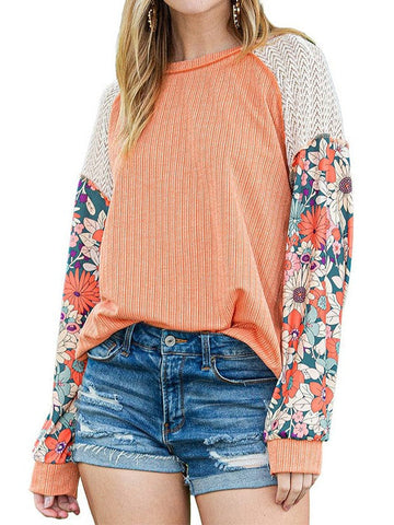 Floral Knit Top with Round Neck for Women - Casual Pullover in Contrasting Colors