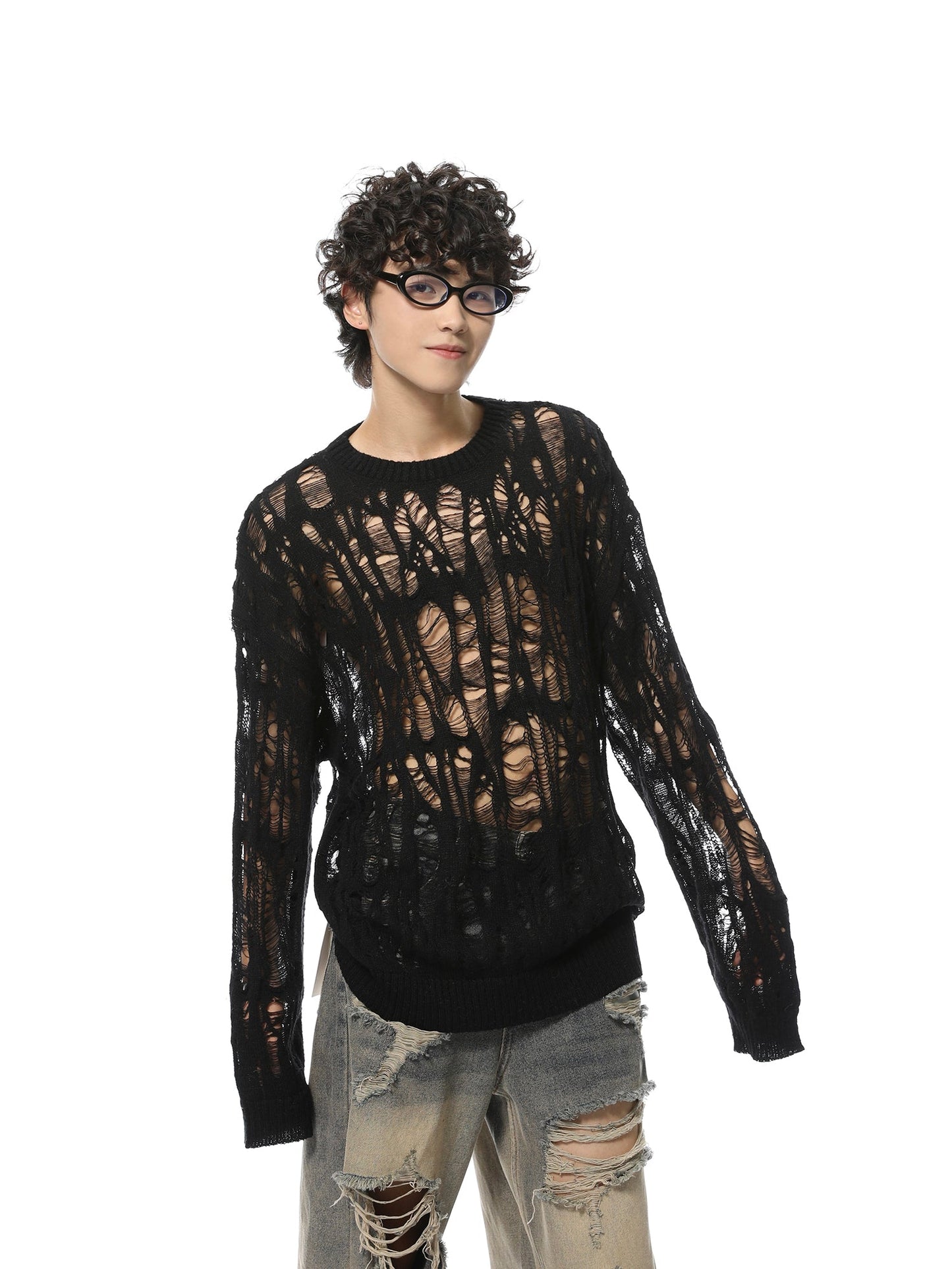 Sheer Distressed Black Sweater
