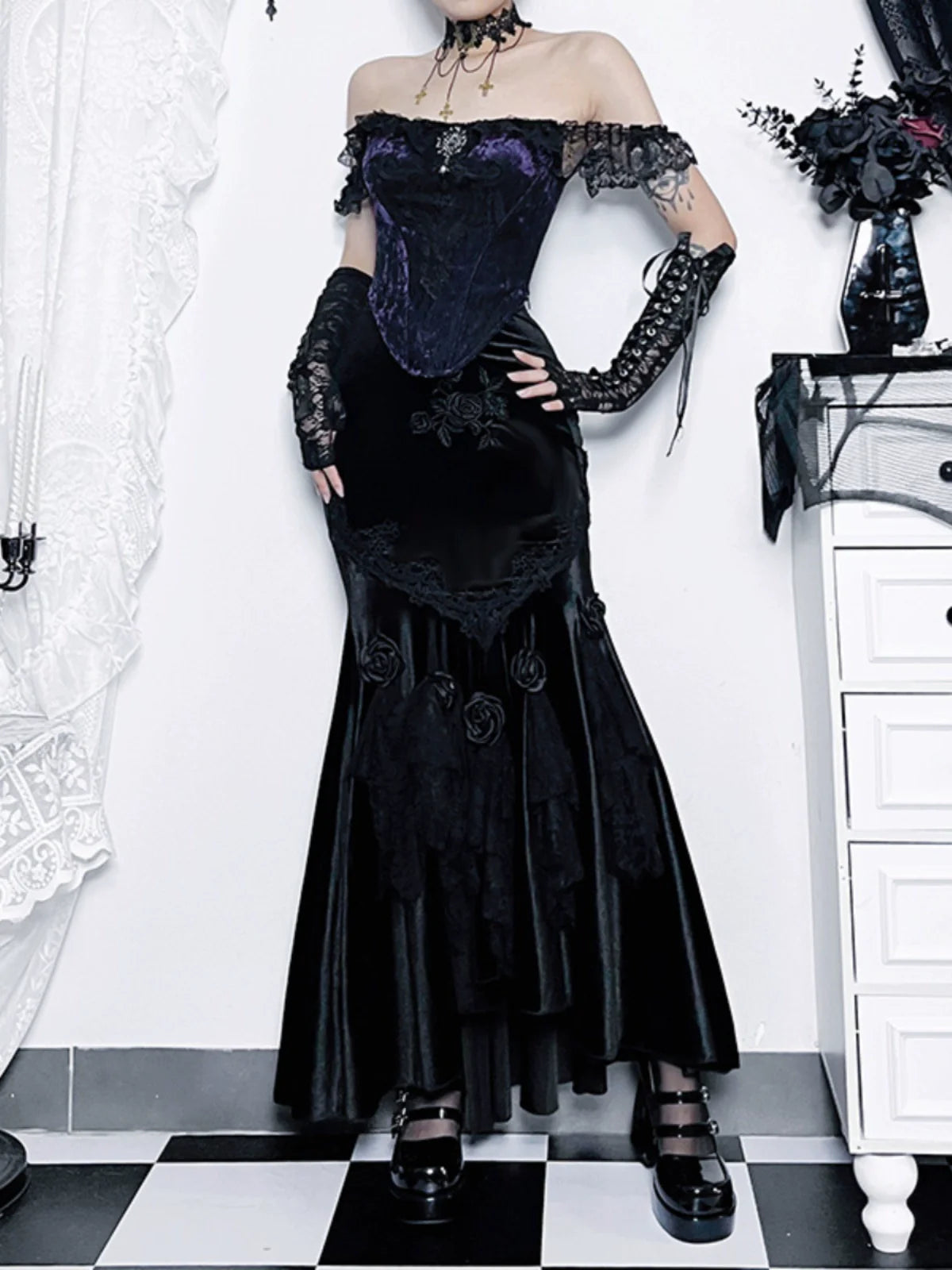 Wannathis Gothic Velvet Ensemble - Off-Shoulder Lace Bodysuit With Floral Mermaid Maxi Skirt