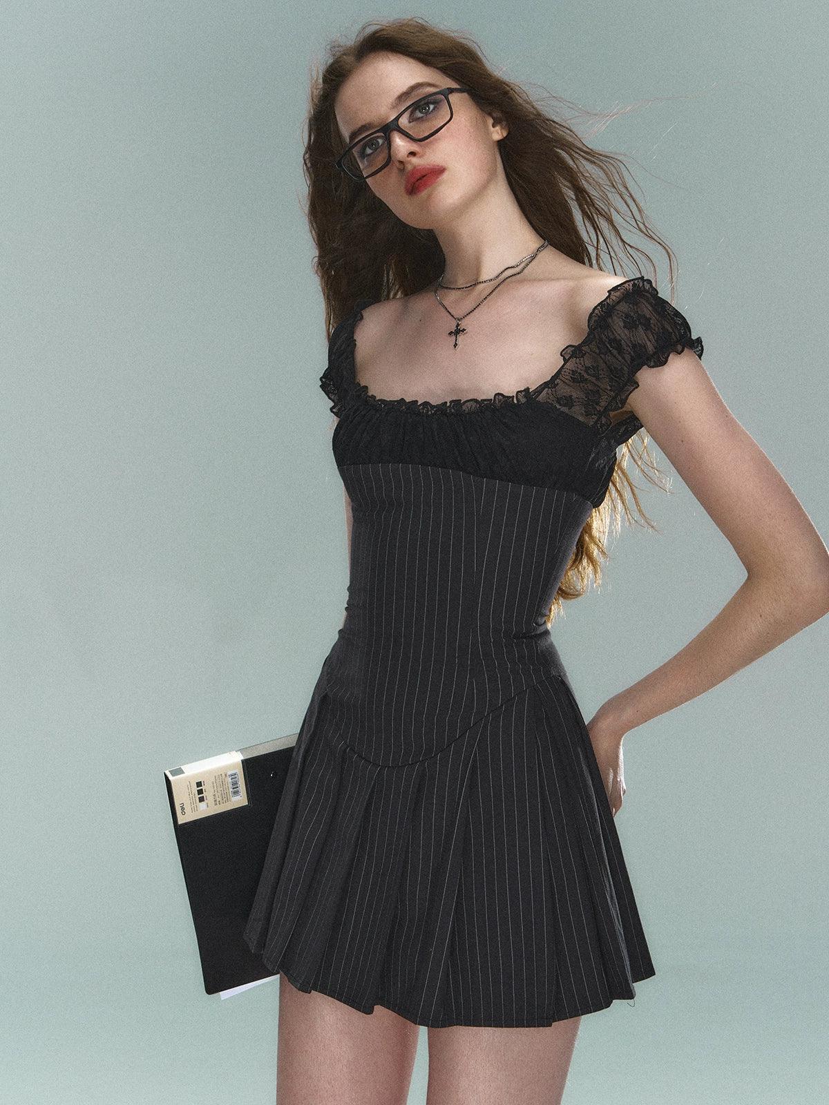 Pinstripe Lace-Trim Mini Dress - Women'S Cap Sleeve Square Neck Fit And Flare Cocktail Dress