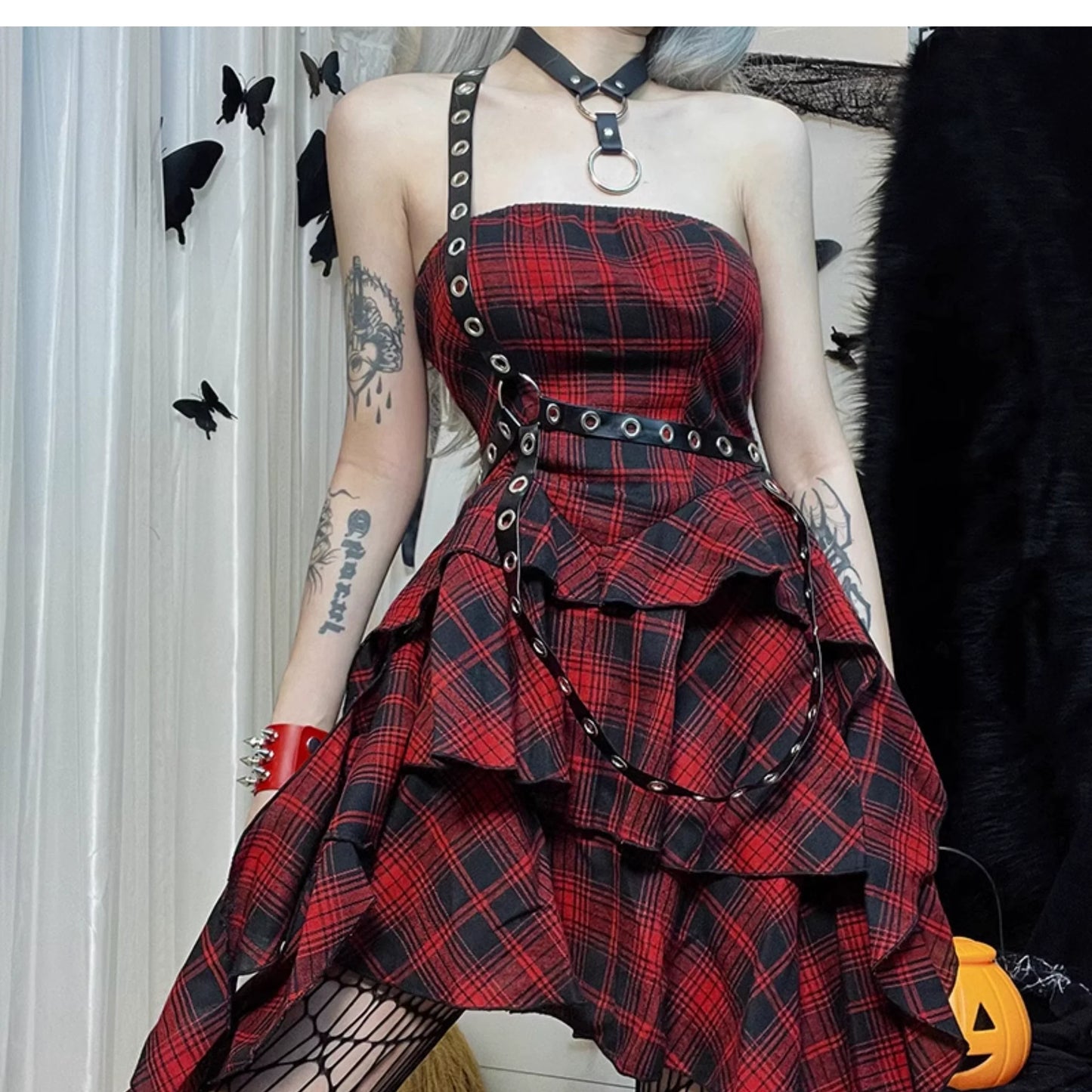 Wannathis Punk Tartan Mini Dress - Red Plaid Ruffle Tiered Goth Dress With Studded Harness