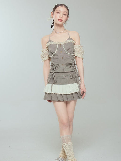 Pleated Cake Skirt With Halter Neck Suspender Top