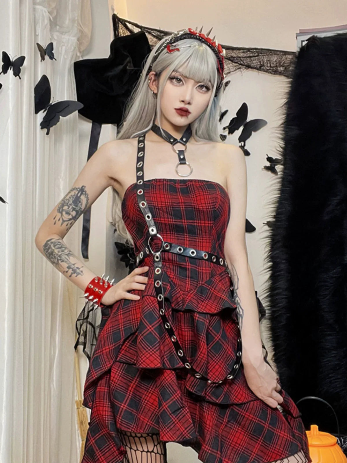 Wannathis Punk Tartan Mini Dress - Red Plaid Ruffle Tiered Goth Dress With Studded Harness