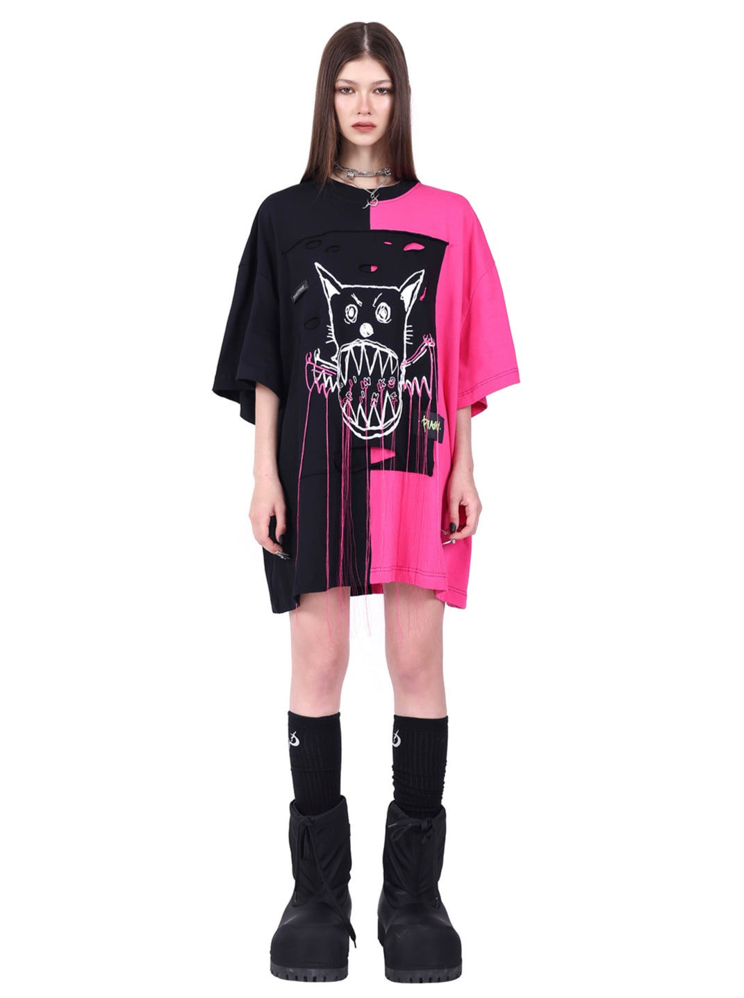 PINKSPINK Two-Tone Graphic Oversized T-Shirt - Black/Pink