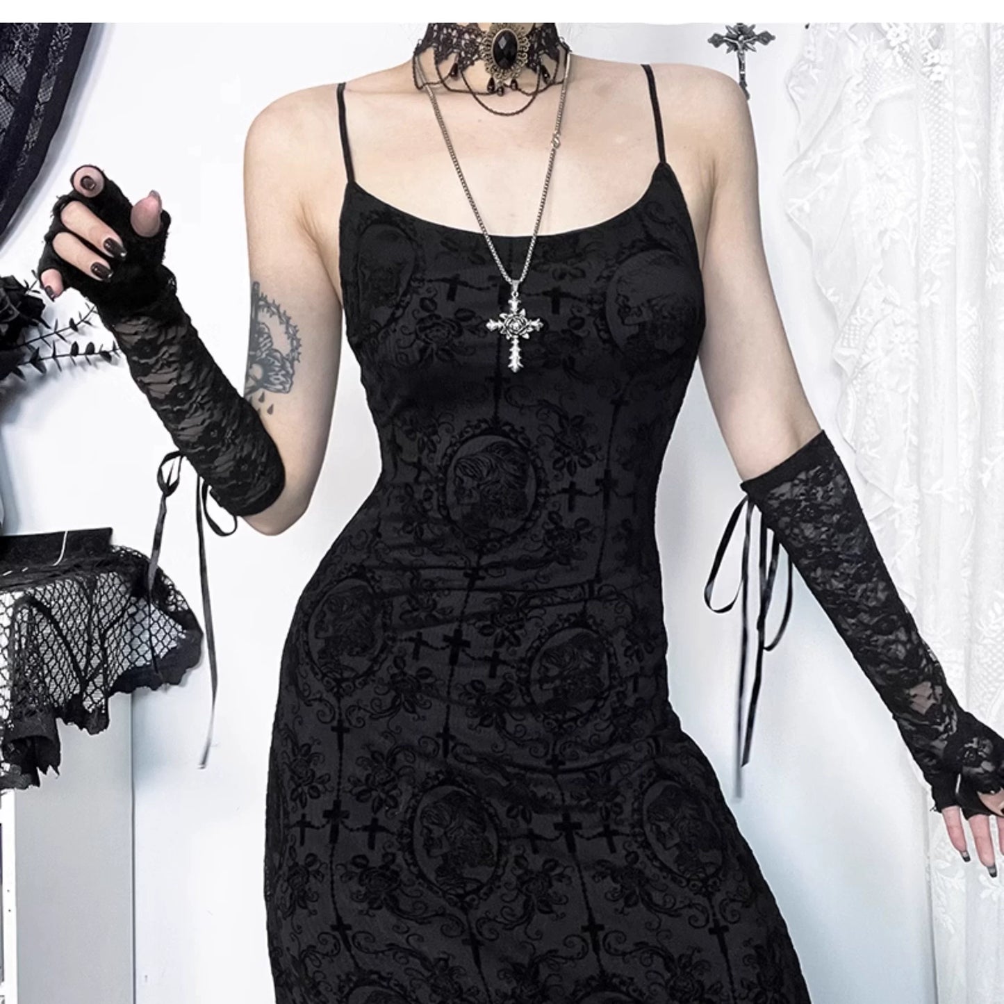 Wannathis Gothic Velvet Maxi Dress - Black Spaghetti Strap Burnout Gown With Lace-Up Arm Warmers