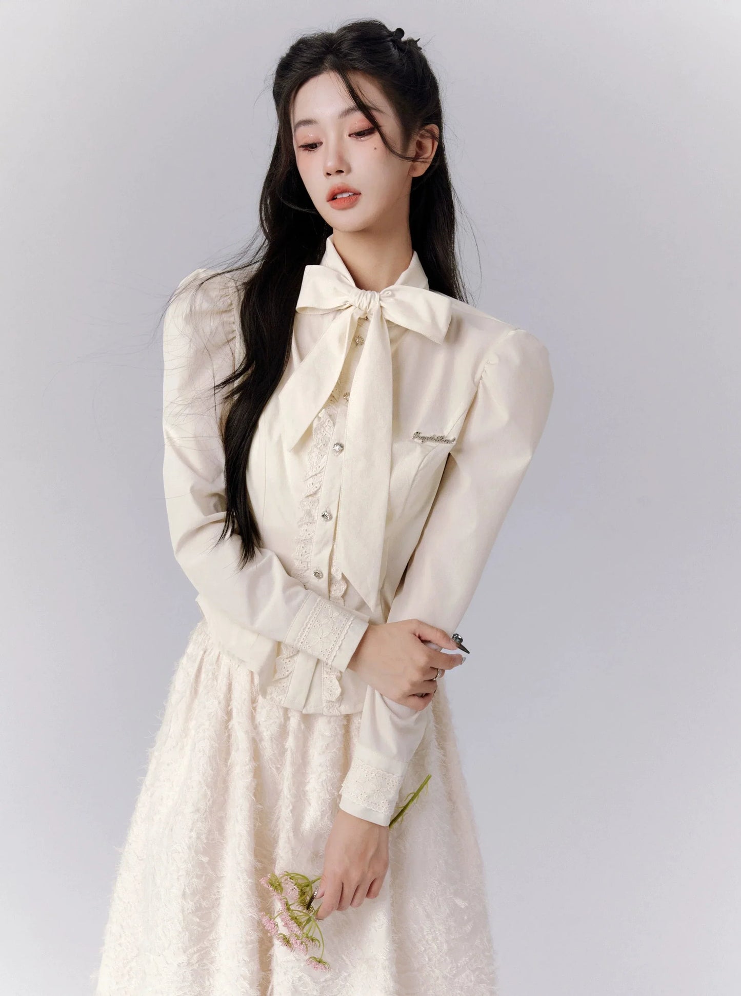 Vintage-Inspired Cream Puff Sleeve Blouse and Midi Skirt Set