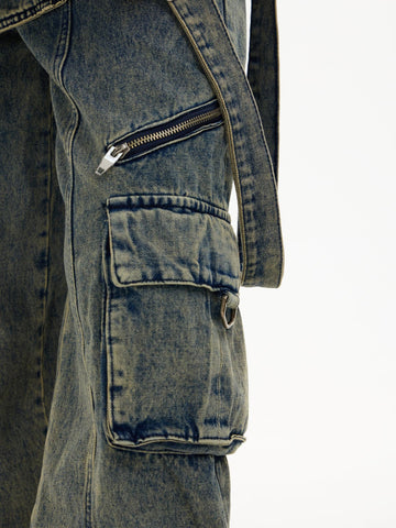 Detachable Suspender Washed Multi-Pocket Cargo Jeans