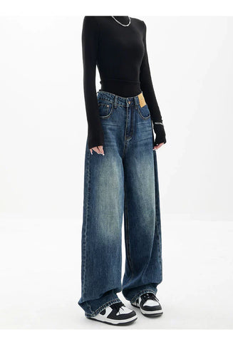 Blue Retro Loose Straight-Leg High-Waist Floor-Length Jeans