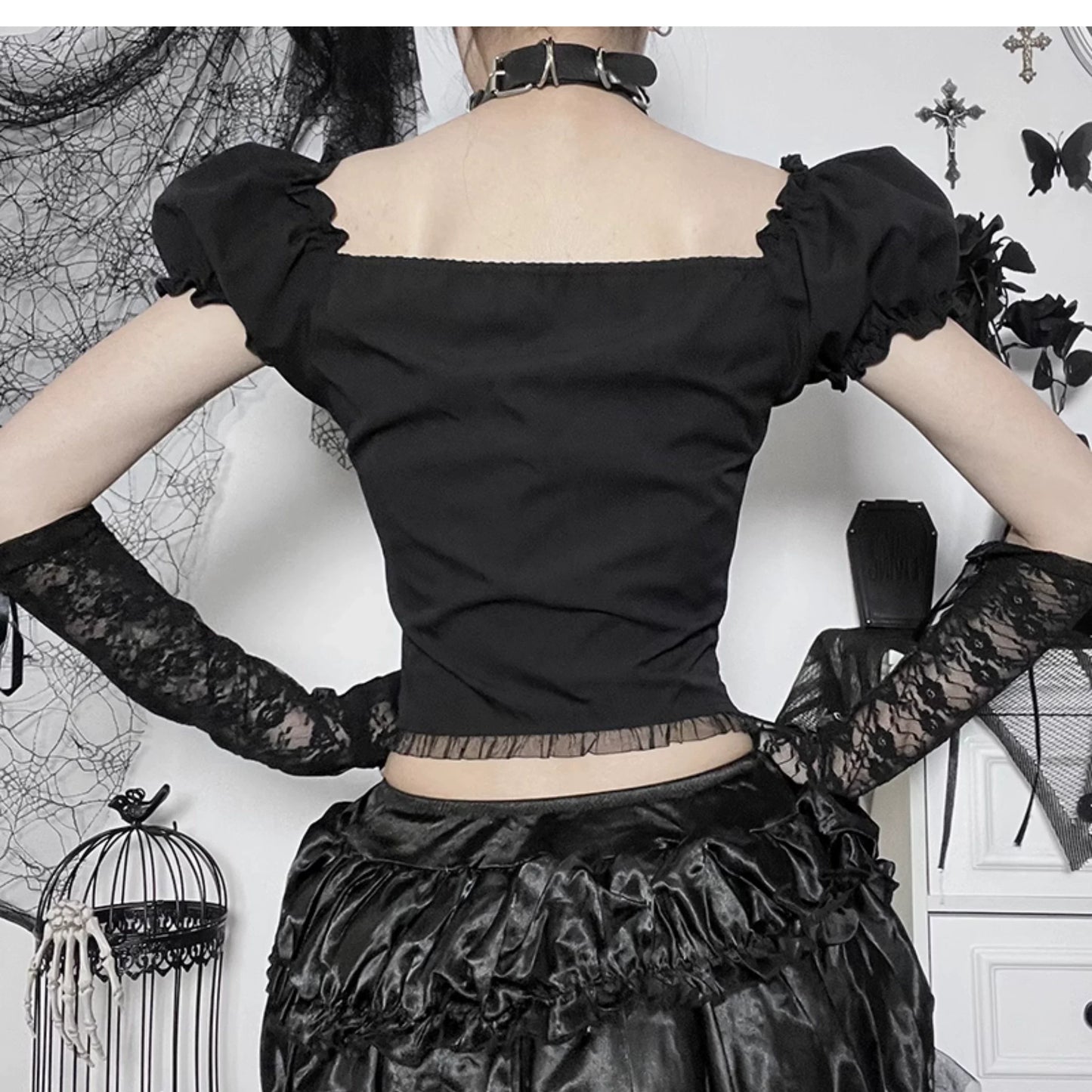 Wannathis Gothic Lolita Off-Shoulder Corset Top - Black Lace-Up Blouse With Puff Sleeves