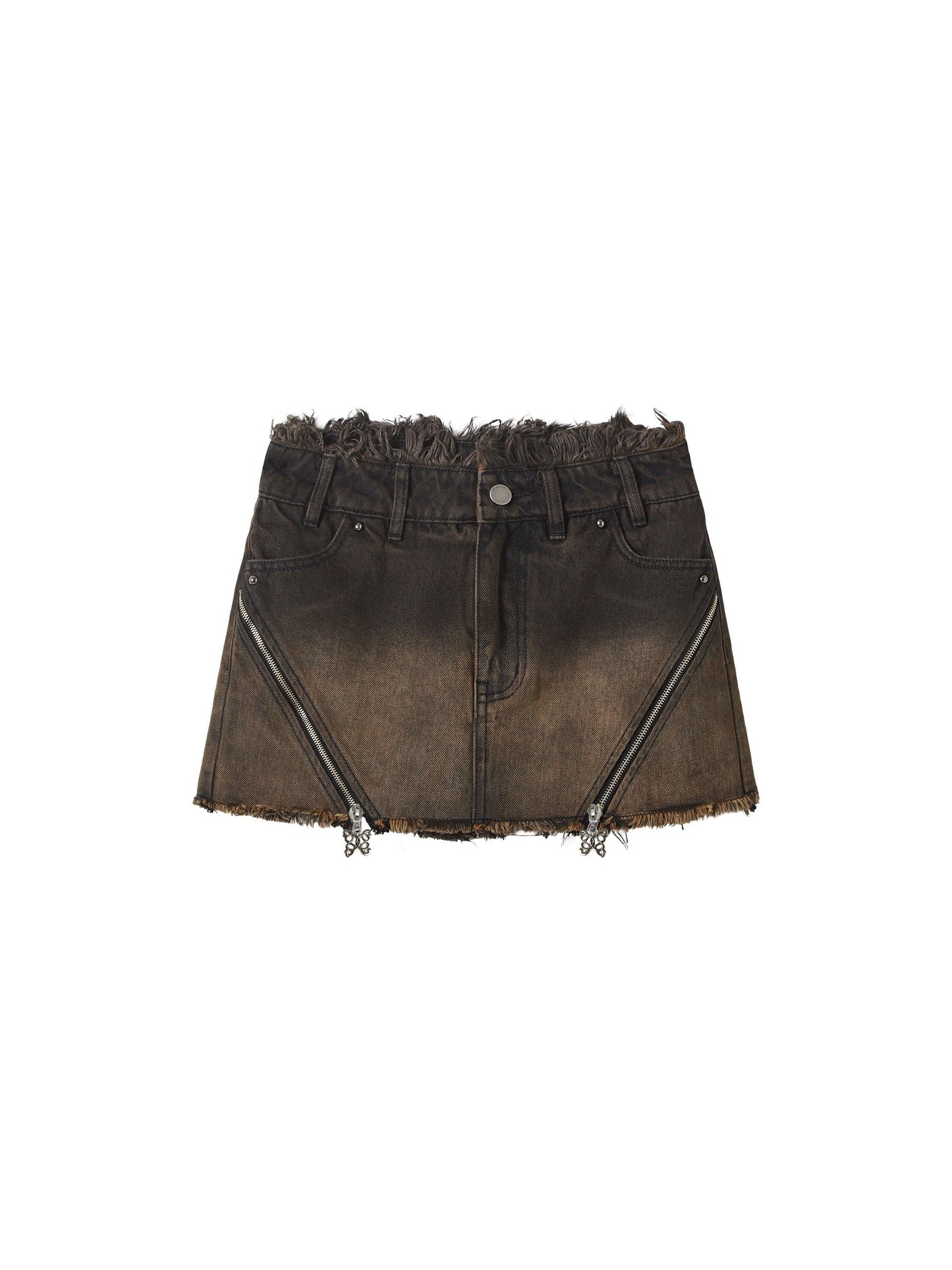 Of Akiva Distressed Denim Mini Skirt - Women'S High-Waisted Ombre Fade Jean Skirt With Frayed Hem And Zipper Details