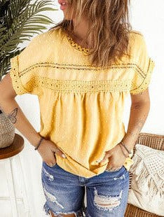 Lace Round Neck Patchwork Women's Short-Sleeved Pullover Top