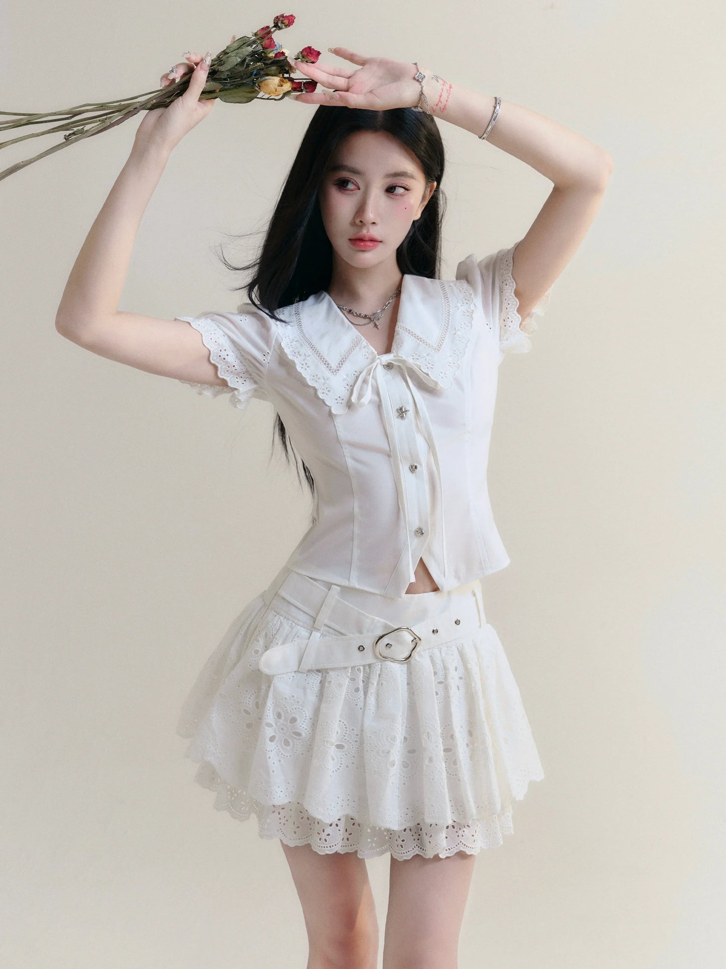 White Lace Collar Blouse and Eyelet Skirt Set