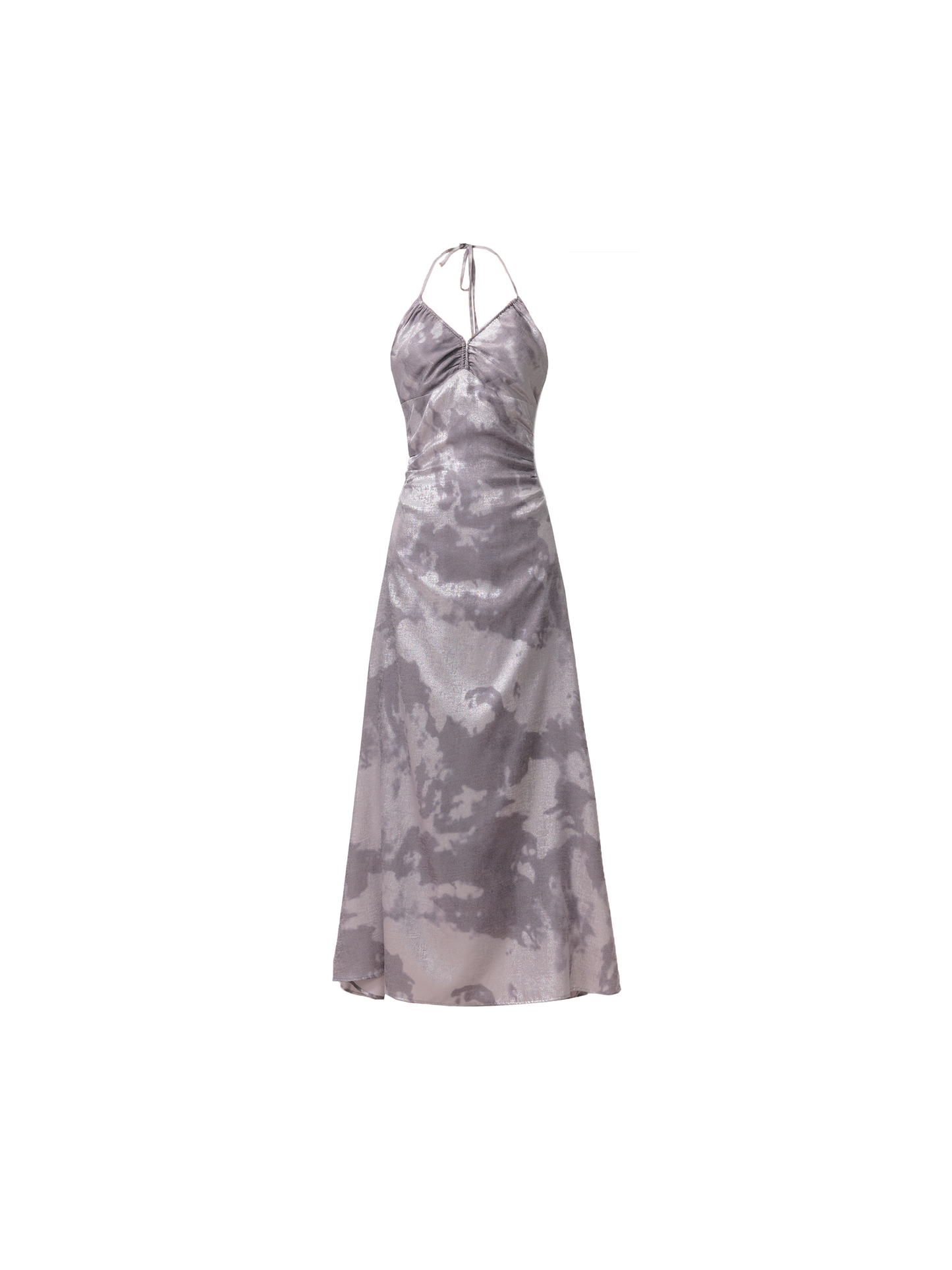 Tie-Dye Satin Halter Maxi Dress in Silver Grey