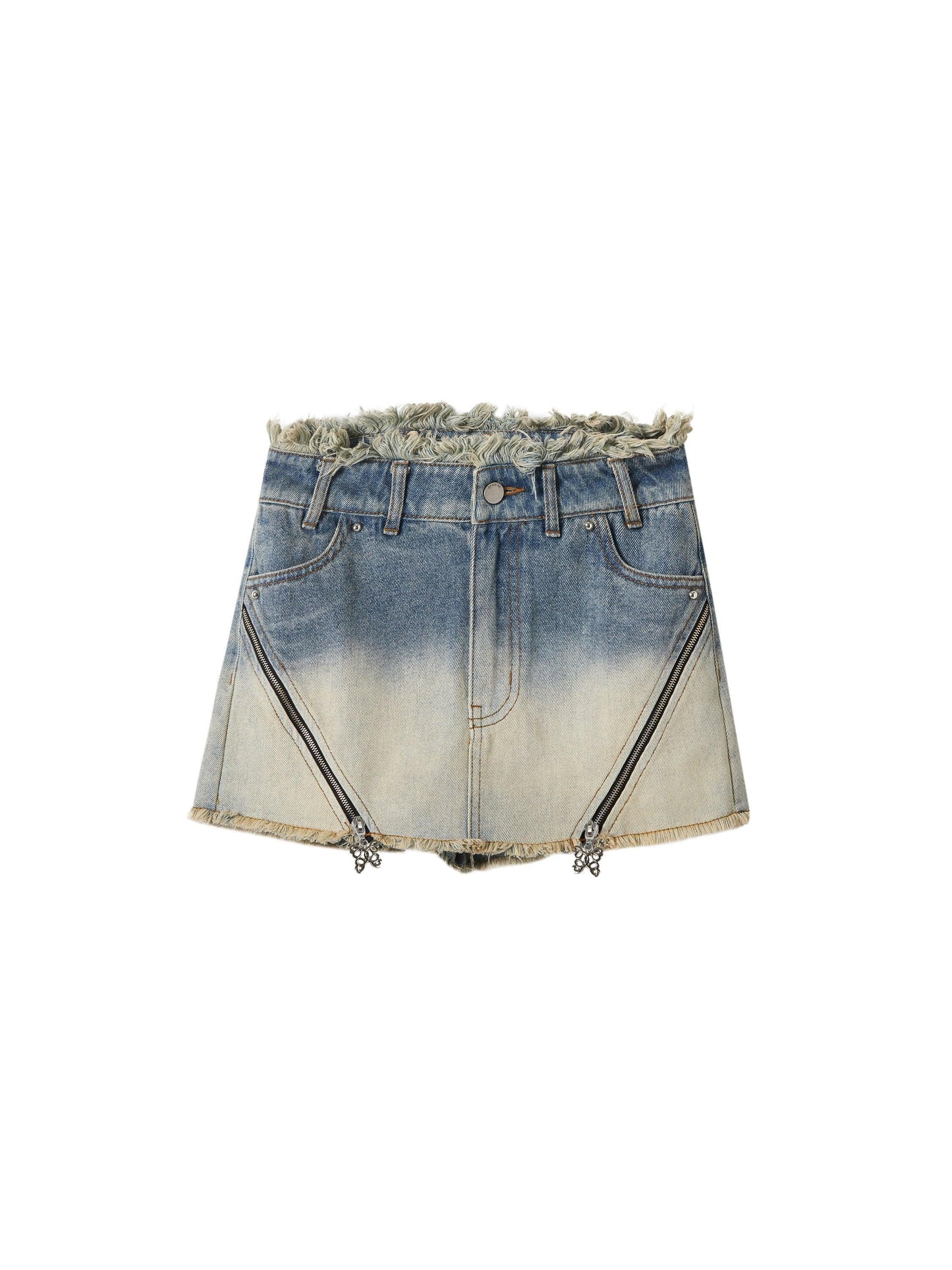 Of Akiva Distressed Denim Mini Skirt - Women'S High-Waisted Ombre Fade Jean Skirt With Frayed Hem And Zipper Details