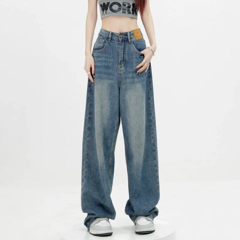 Blue Retro Loose Straight-Leg High-Waist Floor-Length Jeans