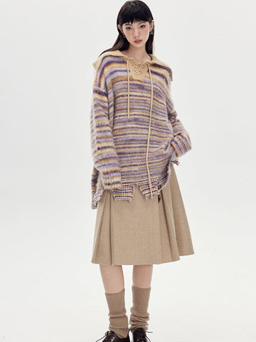 Beige Pleated Midi Skirt With Wide Belt - Wool Blend A-Line Winter Skirt