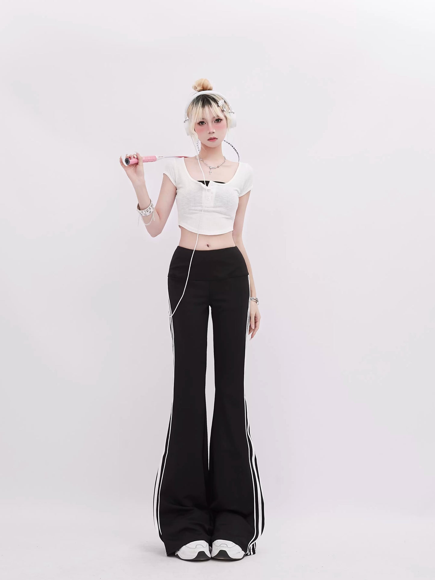 Side Stripe Design Slim Micro Flare Pants
