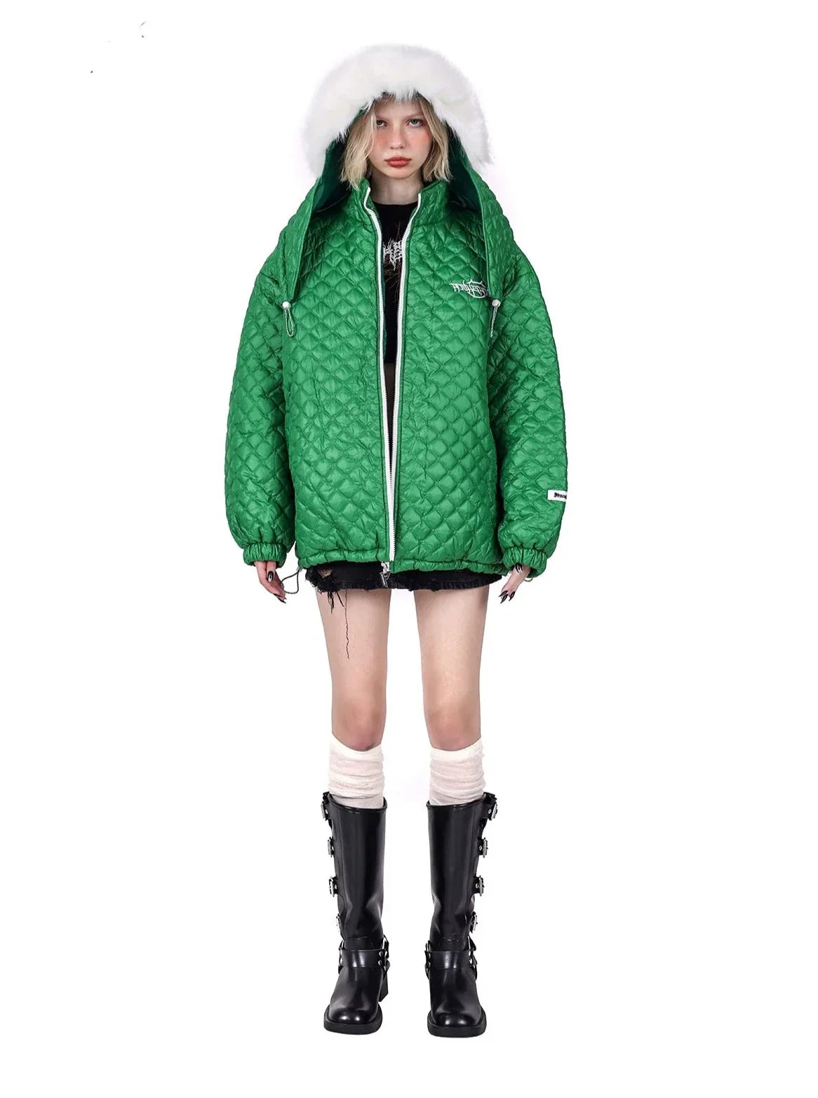 PINKSPINK Quilted Fur-Trimmed Puffer Jacket - Green and Black