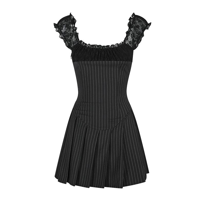 Pinstripe Lace-Trim Mini Dress - Women'S Cap Sleeve Square Neck Fit And Flare Cocktail Dress