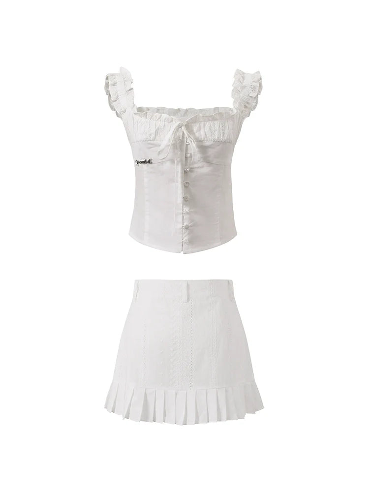 White Adjustable Drawstring Camisole Top And A-Line Skirt Set