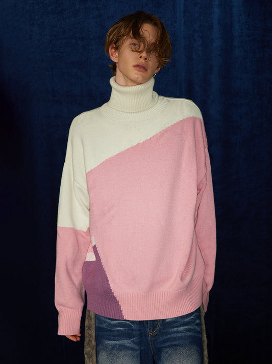 Asymmetric Color Block Turtleneck Sweater