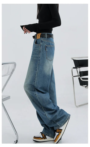 Blue Retro Loose Straight-Leg High-Waist Floor-Length Jeans