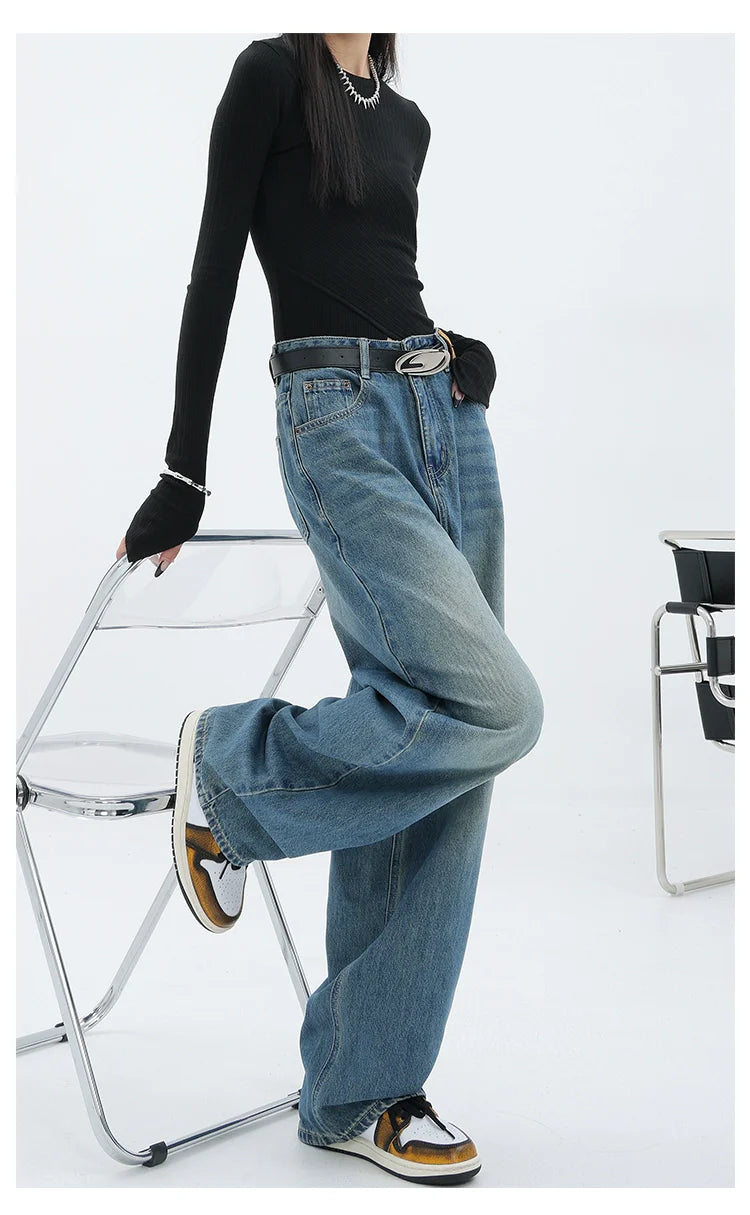 Blue Retro Loose Straight-Leg High-Waist Floor-Length Jeans