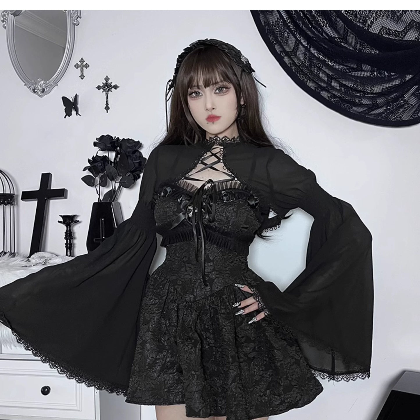 Wannathis Gothic Lolita Dress Set - Black Corset Mini Dress With Lace Bolero And Gloves