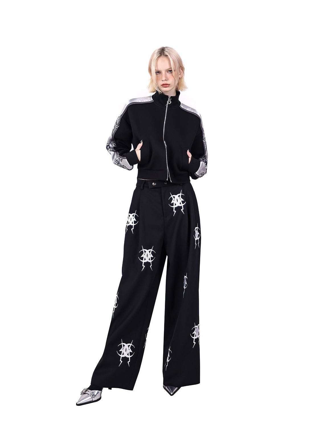 PINKSPINK Anarchy Symbol Wide-Leg Trousers - Black and White