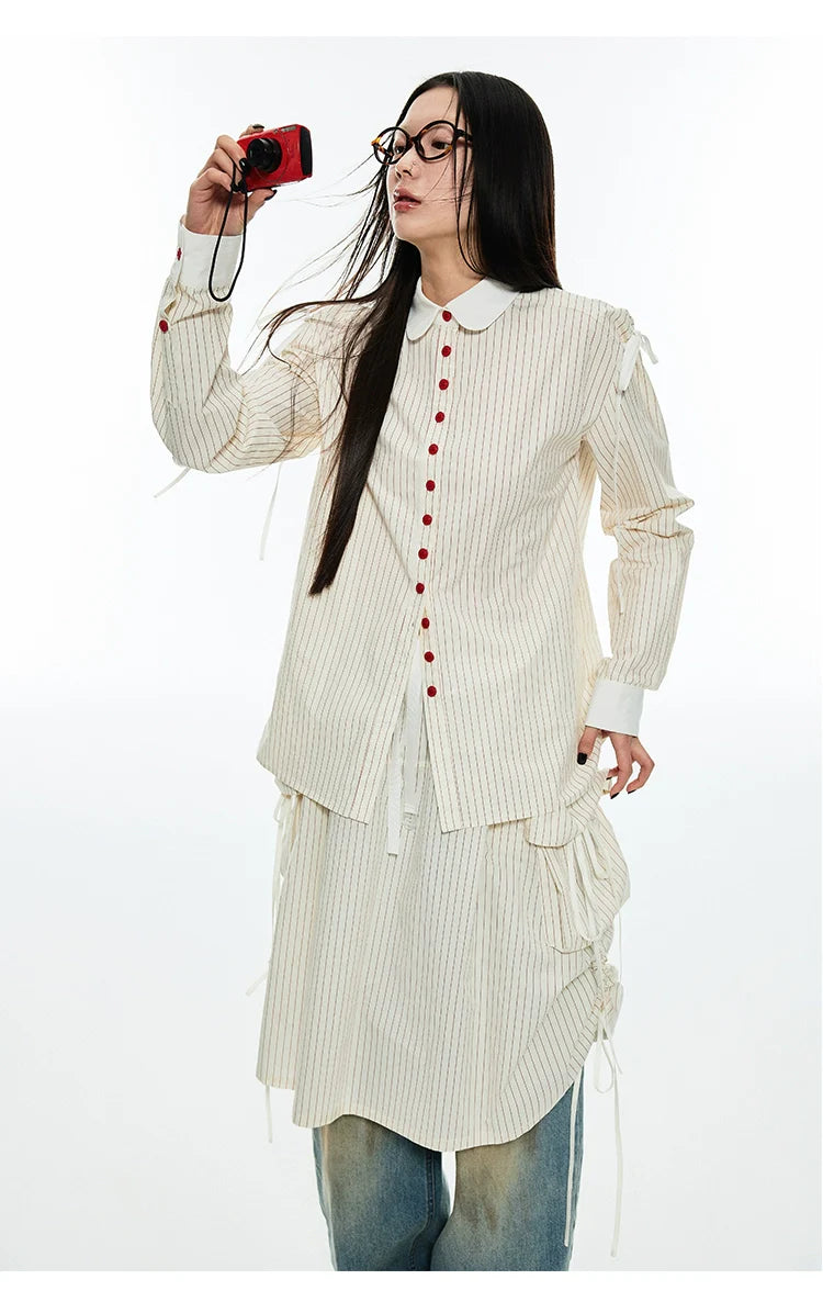 Chic Striped Collar Shirt & Skirt Set