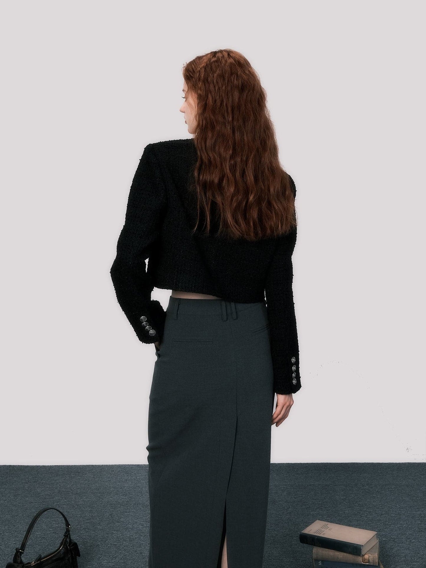 Sleek No-Collar Tweed Short Jacket