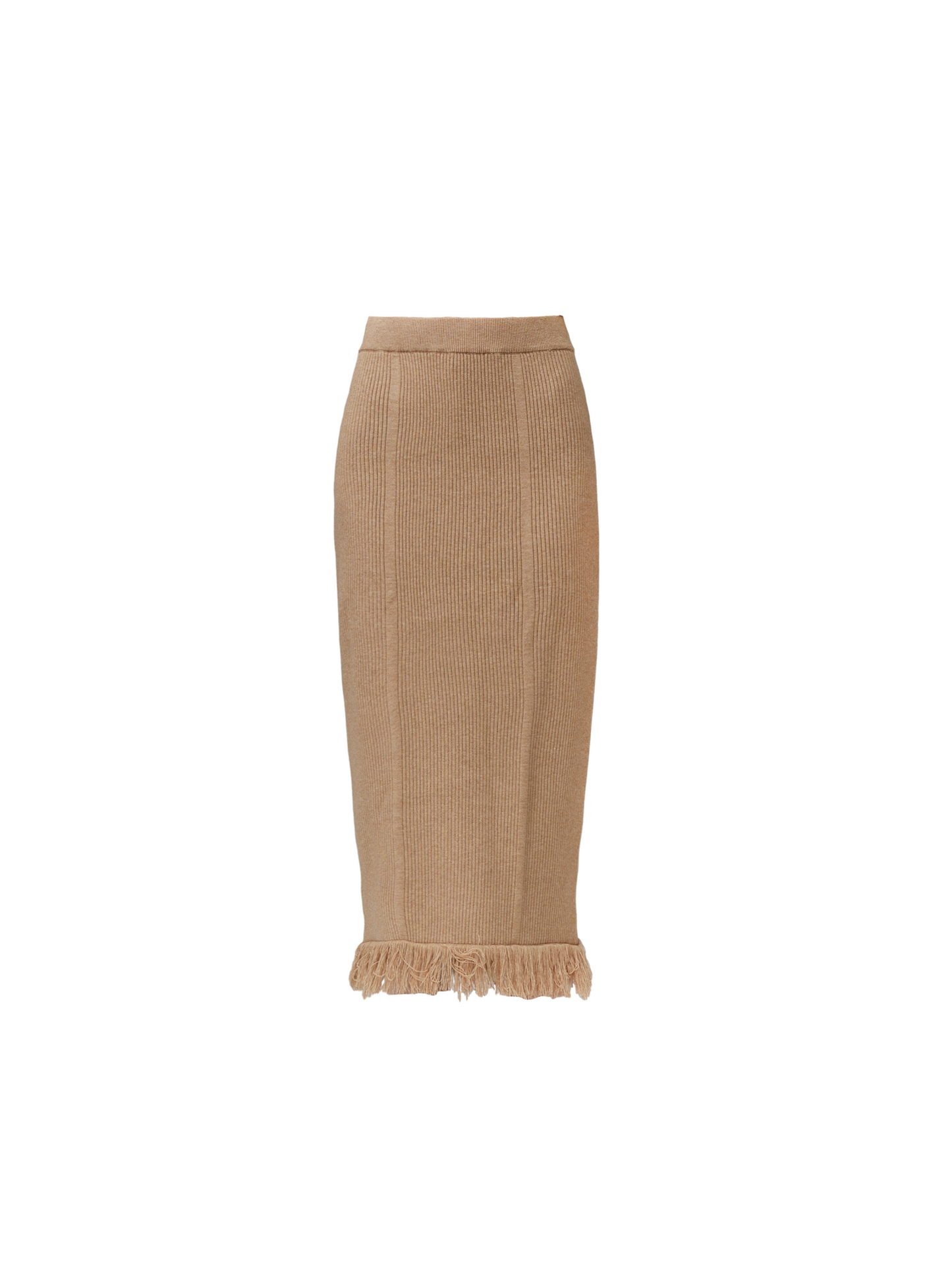 Ribbed Fringe-Hem Midi Skirt: Sophisticated Bodycon in Camel and Black