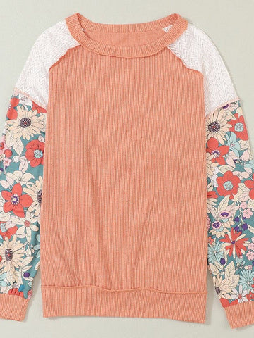 Floral Knit Top with Round Neck for Women - Casual Pullover in Contrasting Colors