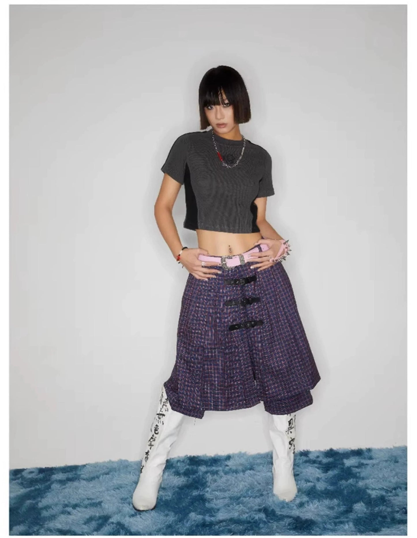 Plaid Buckle-Front Layered Unisex Skort