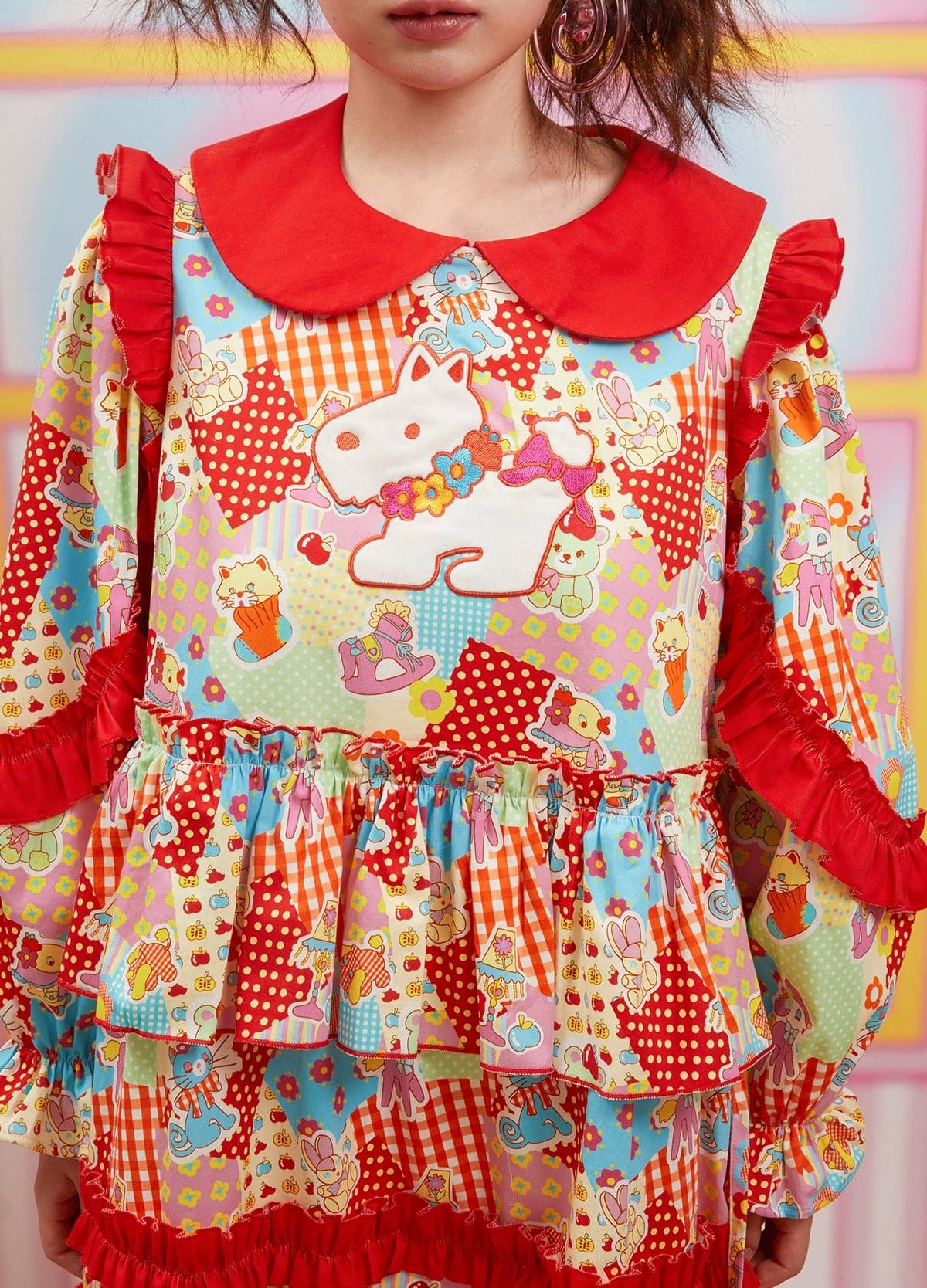 Red Plaid Doll Collar Printed Thickened Cartoon Dress