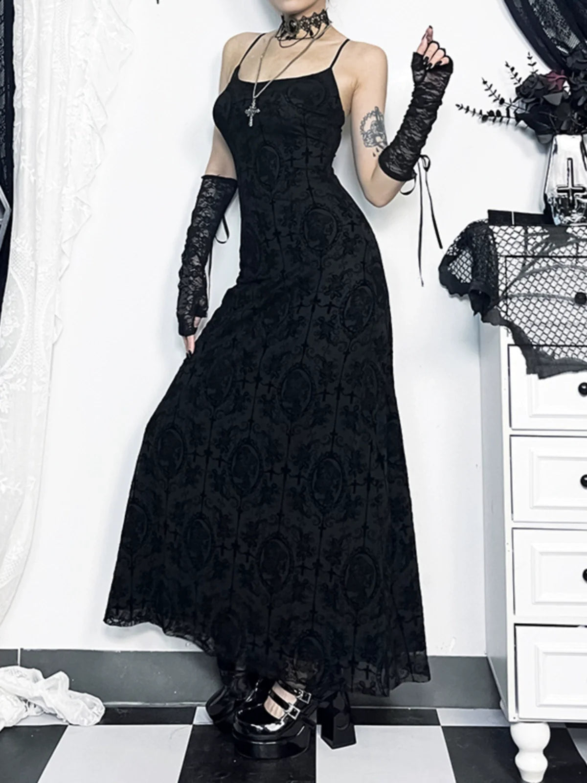 Wannathis Gothic Velvet Maxi Dress - Black Spaghetti Strap Burnout Gown With Lace-Up Arm Warmers