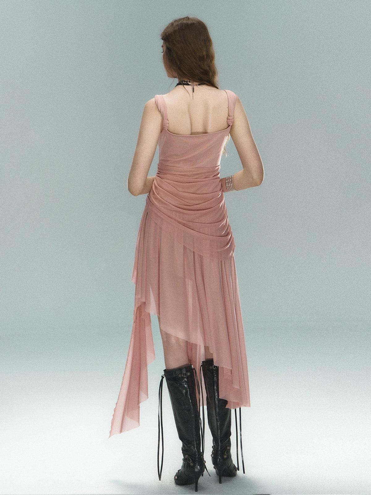 Strike A Pose Asymmetrical Ruched Evening Gown - Women'S Sleeveless Square Neck Dress With Dramatic Cascading Ruffles