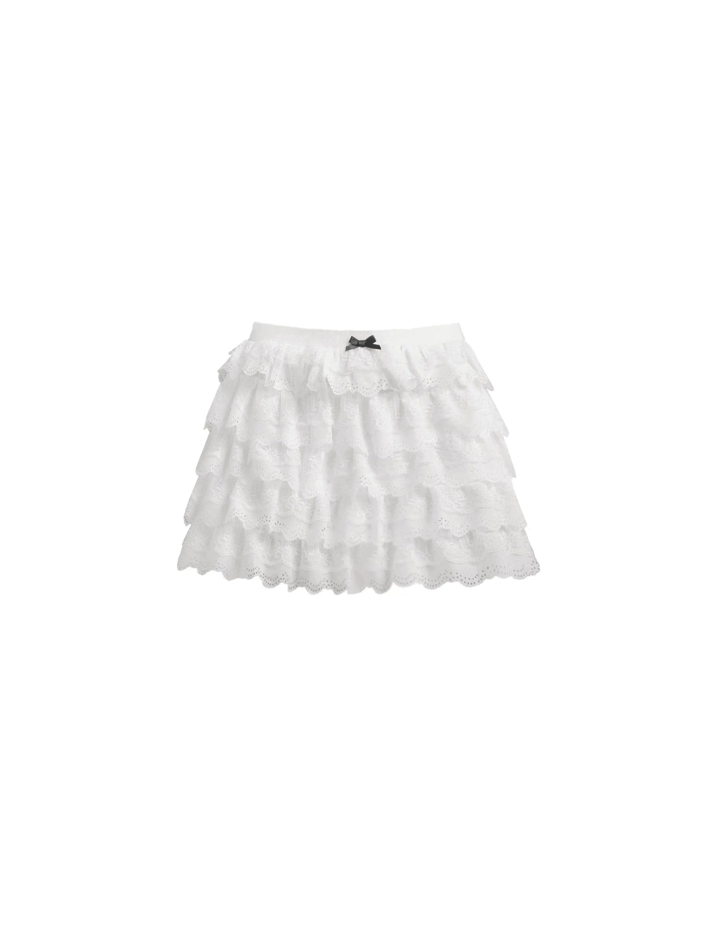 Angelic Tiers Mini Skirt: White Lace Ruffle Layers with Bow Accent