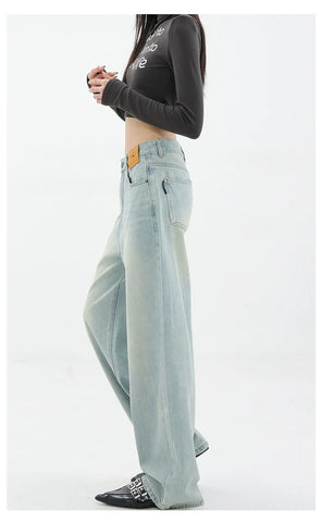 Blue Retro Loose Straight-Leg High-Waist Floor-Length Jeans