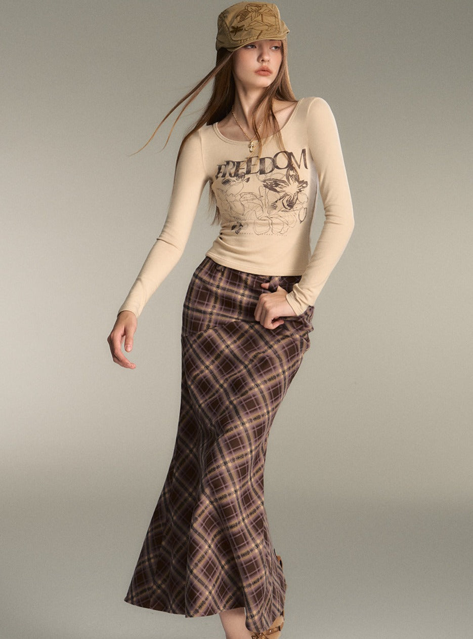 Retro Brown Check Long Mermaid Skirt