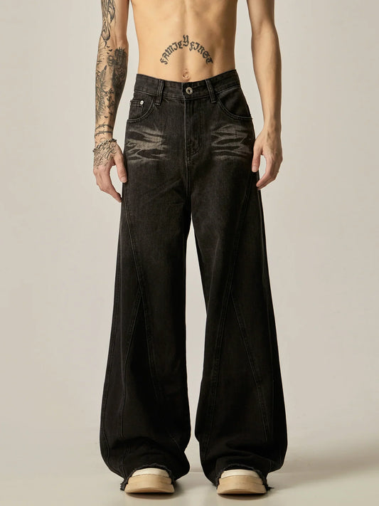 Wide-Leg Dark Wash Denim Jeans with Whisker Detailing